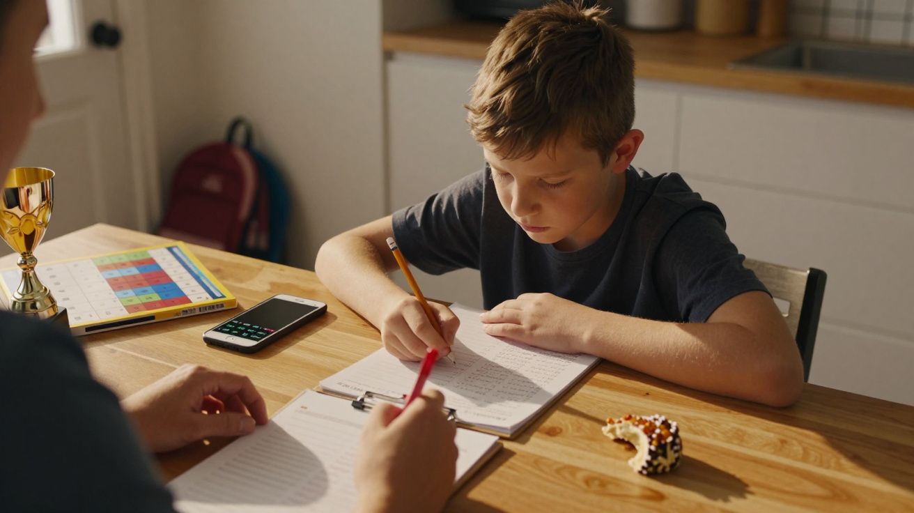 Băiat tânăr făcând teme la masă cu un manual, telefon și un trofeu alături. Un adult îl ajută, ținând un stilou roșu.
