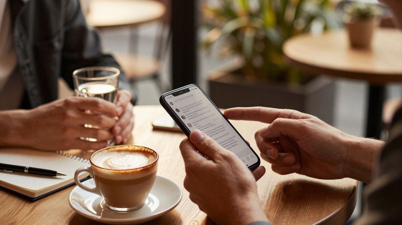 Două persoane discută la o cafenea; una ține un telefon, cealaltă un pahar de apă lângă o cafea și un caiet.