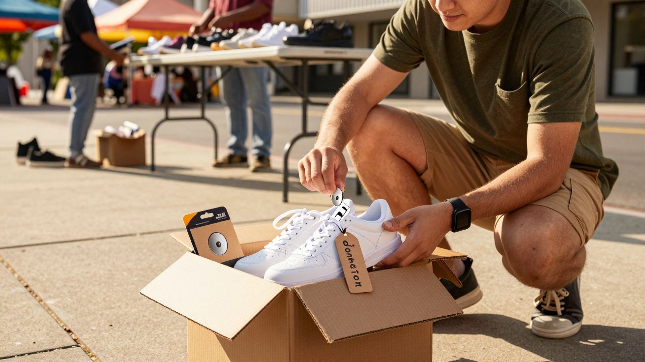 Bărbat în tricou verde deschide un pachet de pantofi sport albi în aer liber, la o piață în aer liber.