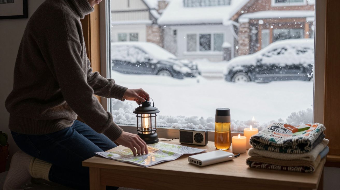 Persoană cu lampa și harta lângă fereastra acoperită cu zăpadă; lumânări și cărți pe masă. Ferestre cu case acoperite de zăpa