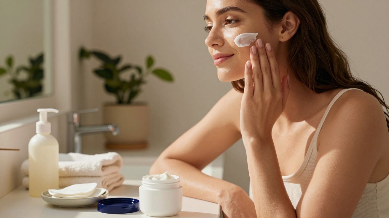 Femeie aplicând cremă pe față în fața oglinzii, cu produse cosmetice pe masa din lemn.