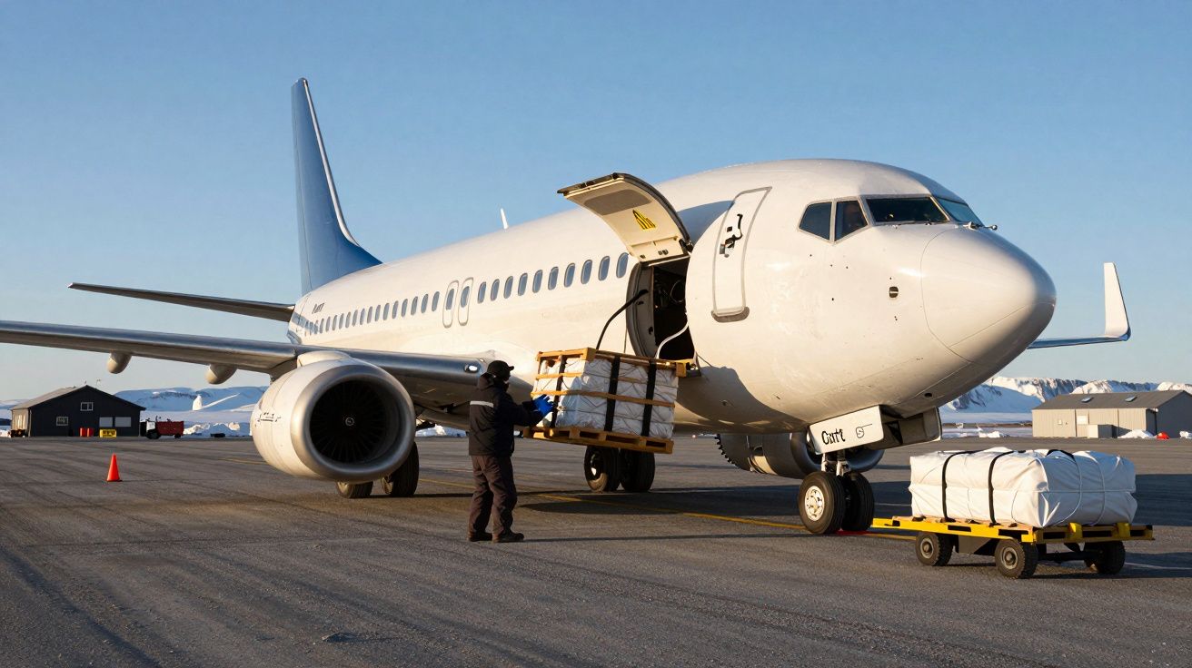 Avion alb pe pistă, cu ușa de bagaje deschisă, încărcat cu pachete, munți acoperiți cu zăpadă în fundal.