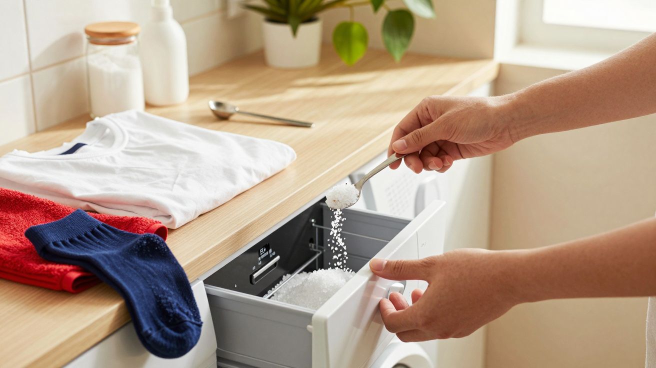 Mână toarnă detergent în sertarul mașinii de spălat, haine pliate pe tejghea în fundal.