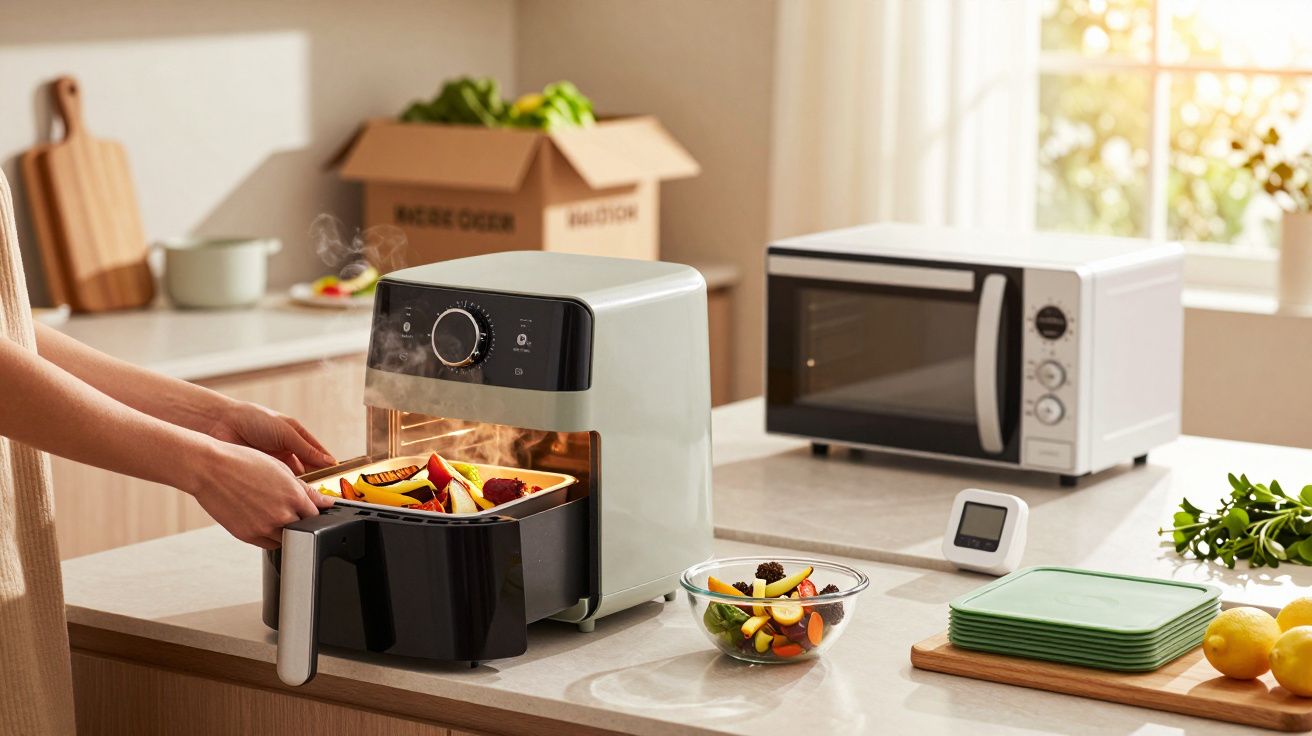 Persoană folosind un air fryer pe un blat de bucătărie, alături de un cuptor cu microunde, vase și legume proaspete.