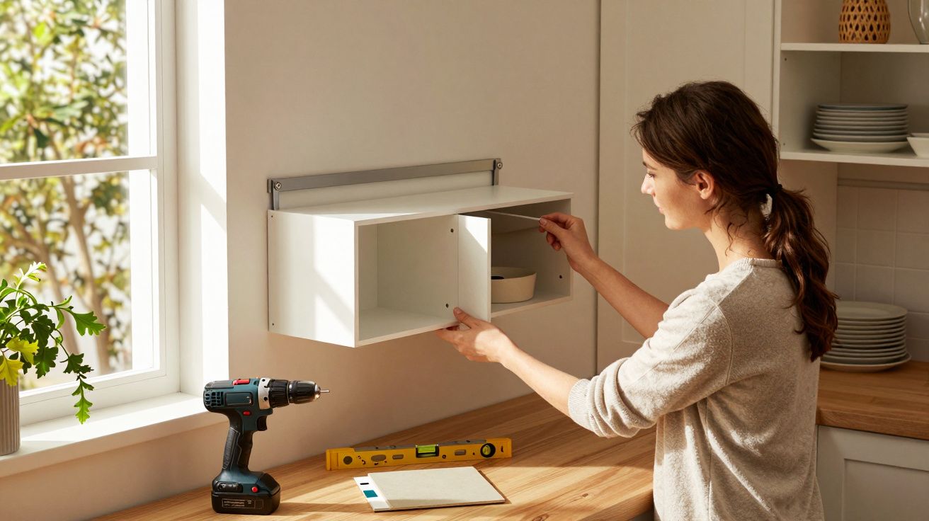 Femeie instalând un raft alb într-o bucătărie luminoasă, cu un burghiu, boluri și un nivel de spirit pe blatul de lemn.