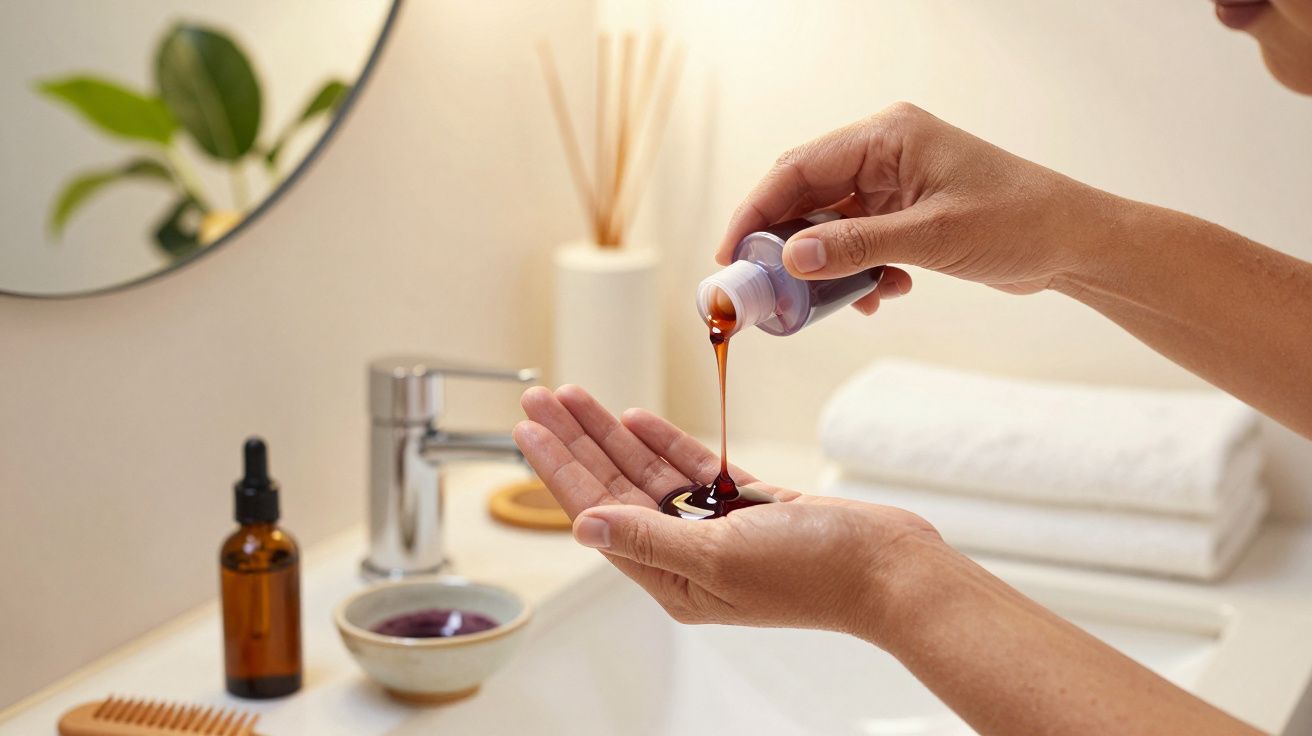 Mâini turnând ulei din sticlă mică într-o palmă, pe o chiuvetă modernă cu obiecte de toaletă.