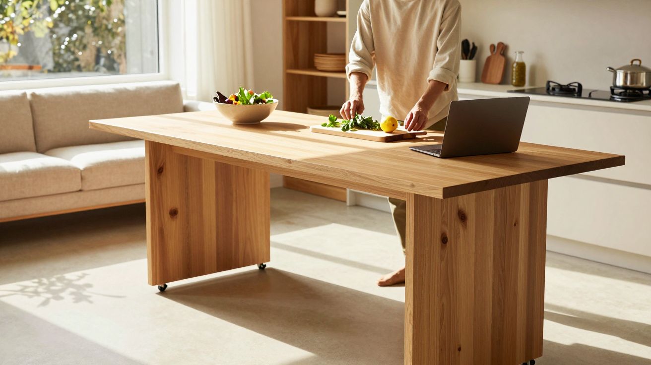 Persoană pregătind mâncare pe o masă din lemn, cu un laptop deschis alături, într-o bucătărie luminoasă.