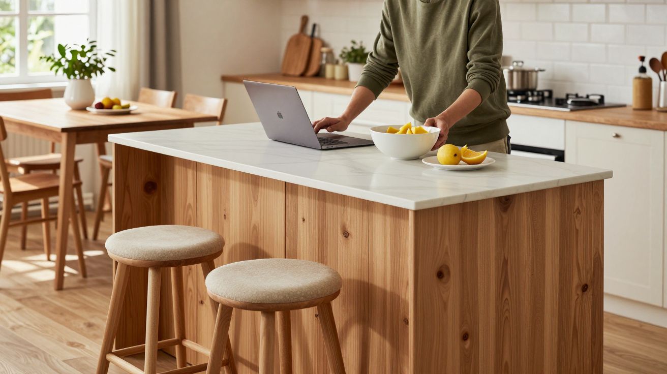 Bucătărie luminoasă cu insulă de lemn, laptop și bol cu lămâi, persoană pregătind masa.