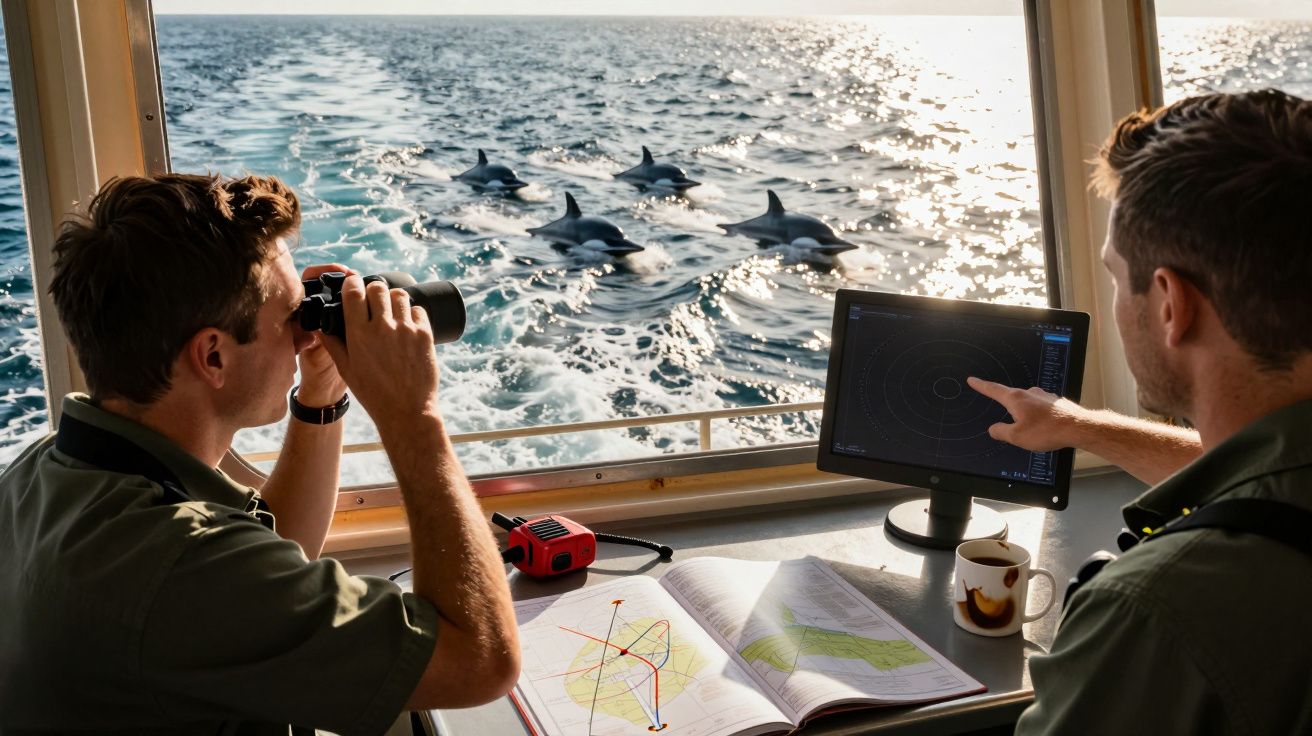 Doi bărbați pe un vas de observație privesc pe fereastră la delfini, folosind binoclul și un radar maritim.
