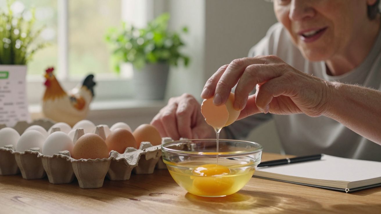 Femeie sparge ou într-un bol pe masă, lângă un carton cu ouă și un caiet.