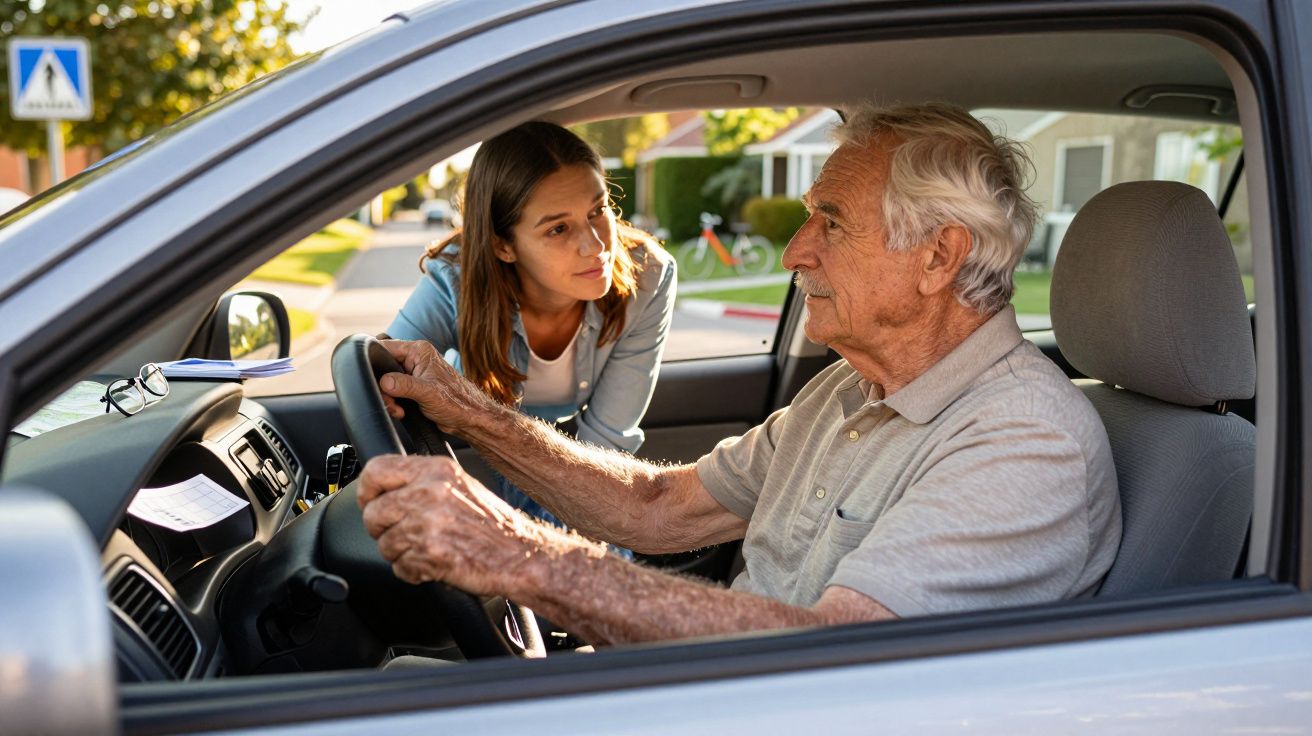 Tânără discutând cu un bărbat în vârstă aflat la volanul unei mașini, pe o stradă rezidențială.