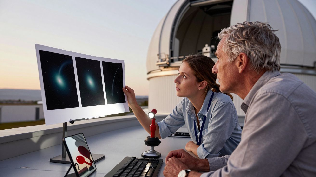 Cei doi astronomi privesc imagini ale spațiului cosmic la un observator, discutând despre descoperiri.