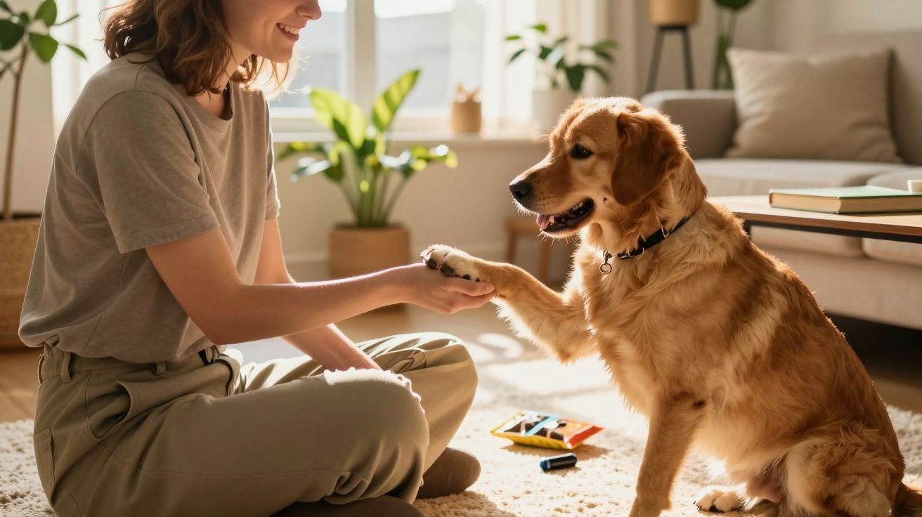 Femeie zâmbitoare dă mâna cu un câine auriu într-o cameră luminoasă.