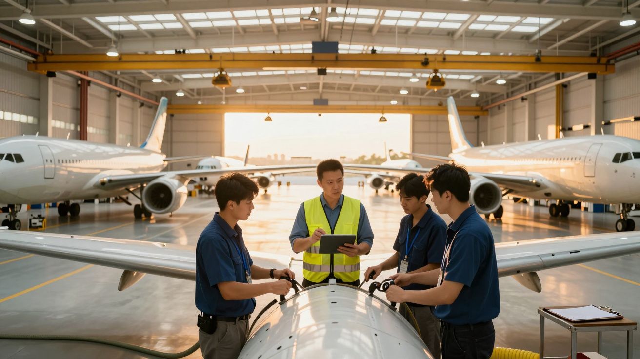 O echipă de tehnicieni inspectează un avion într-un hangar, cu două avioane mari în fundal.