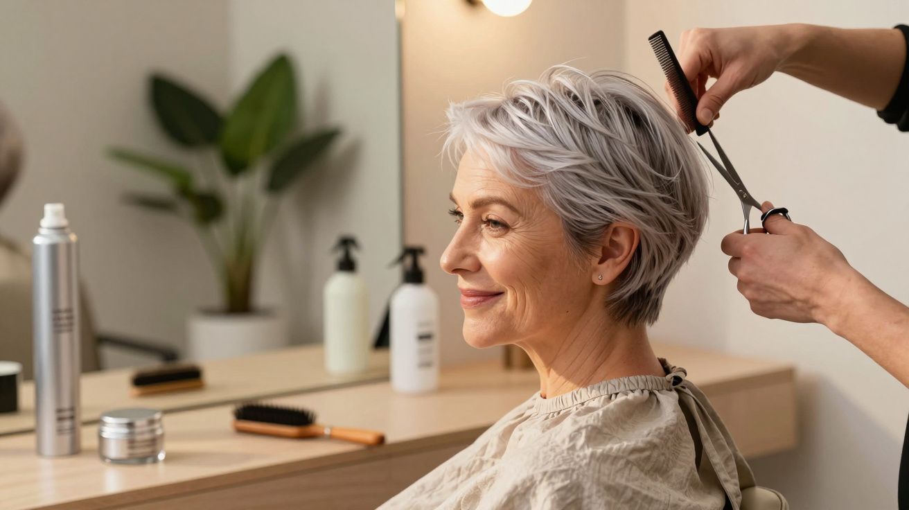 Femeie cu păr cărunt scurt se tunde la salon, zâmbind relaxată în oglindă.