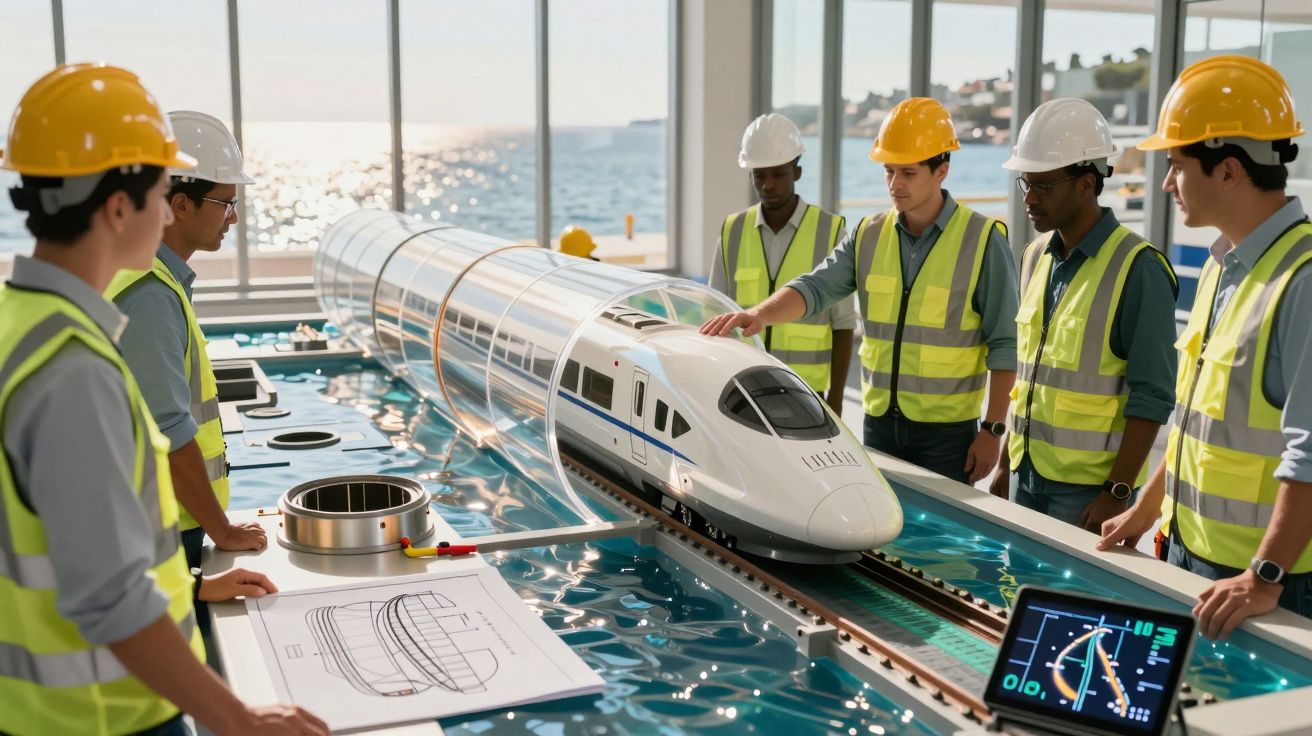 Cercetători analizează un model de tren de mare viteză într-un laborator, purtând veste reflectorizante și căști de protecție