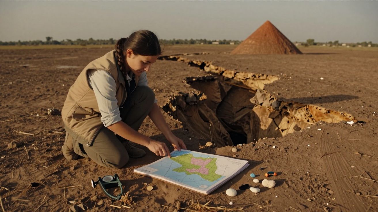 Femeie studiază o hartă lângă un crater în pământ, pe un teren arid, cu con de pământ în fundal.