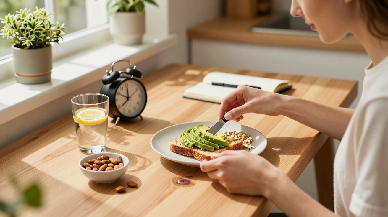 Femeie mâncând avocado pe pâine, alune și apă cu lămâie pe masă de lemn lângă fereastră luminată de soare.