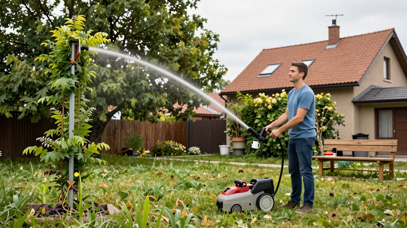 Bărbat udând un copac tânăr într-o grădină, cu un furtun și un aparat de irigare.