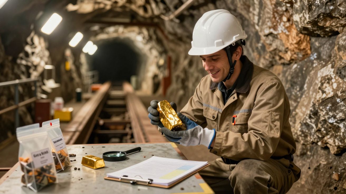 Miner bucuros examinează un lingou de aur într-o mină, echipat cu cască și îmbrăcăminte de protecție.
