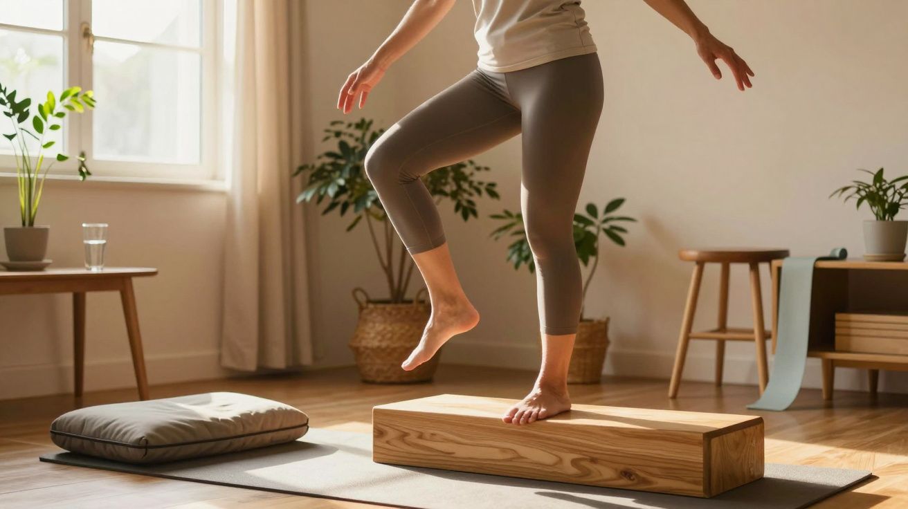 Persoană practicând echilibru pe un bloc de yoga din lemn într-o cameră luminoasă cu plante și mobilier minimalist.