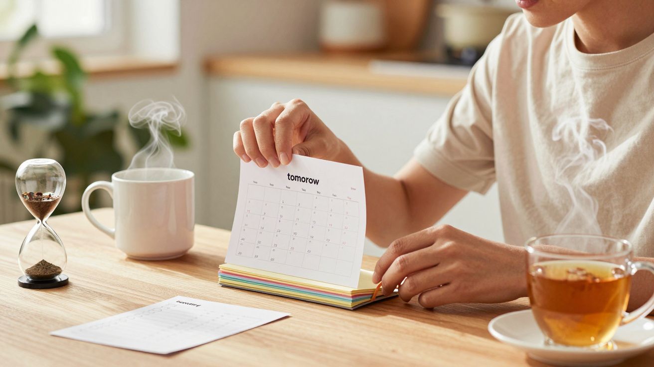 Persoană răsfoind un calendar pe masă cu clepsidră, cană de cafea și ceai fierbinte.