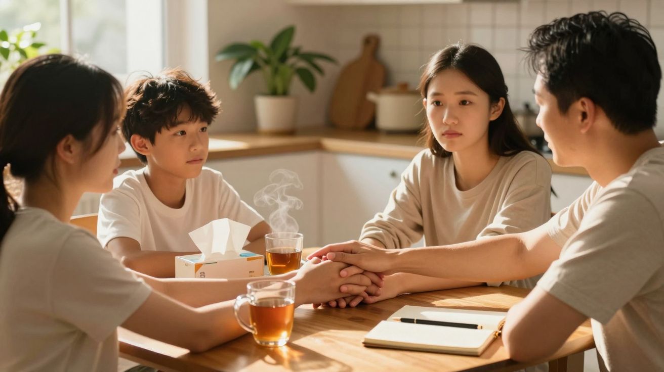 Familie stând la masă în bucătărie, ținându-se de mână și discutând, cu cești de ceai și un caiet alături.