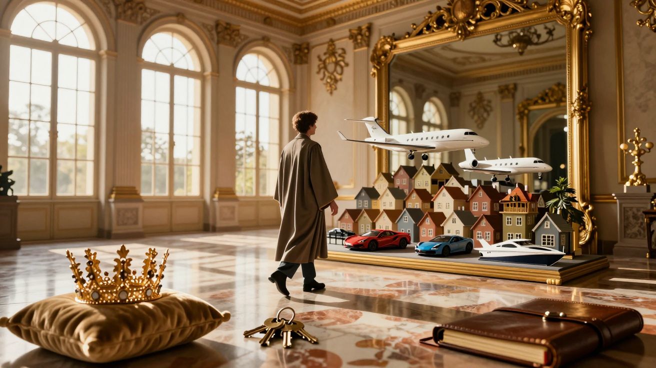 Un bărbat în palat somptuos privind un ansamblu de obiecte miniaturale: casă, avioane, mașină, coroană și jurnal.