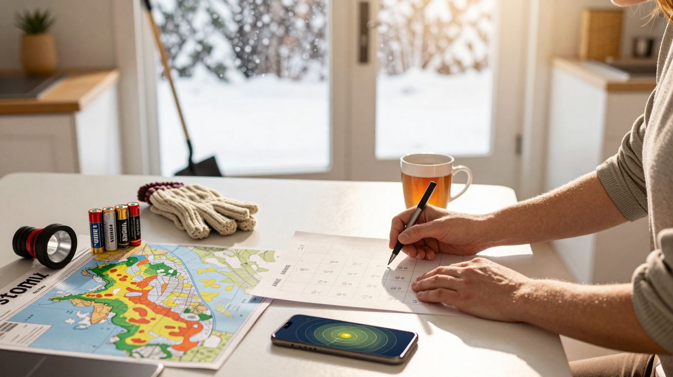 Persoană luând notițe pe un calendar la masă, cu harta, telefonul, ceaiul și bateriile pe fundal luminos de iarnă.