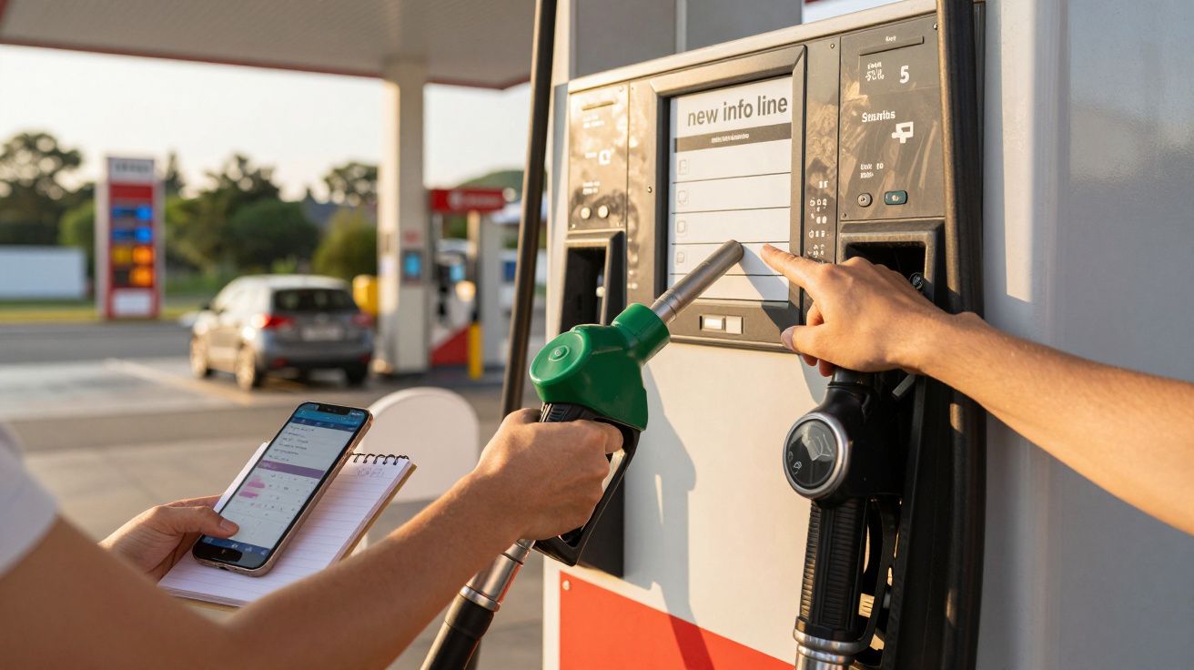 Două persoane alimentează o mașină la o benzinărie; una ține pistolul de combustibil, cealaltă folosește un telefon.