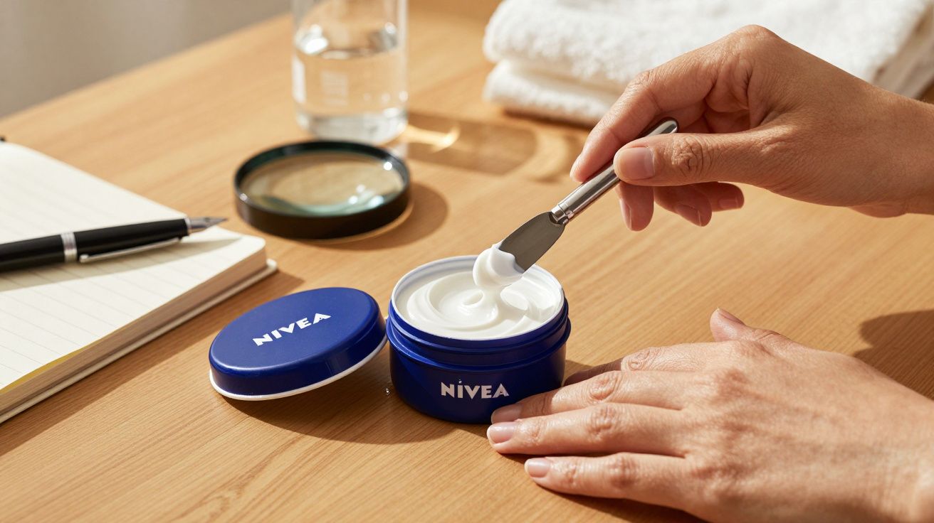 Mâini aplicând cremă Nivea dintr-un recipient albastru cu o paletă pe o masă de lemn.