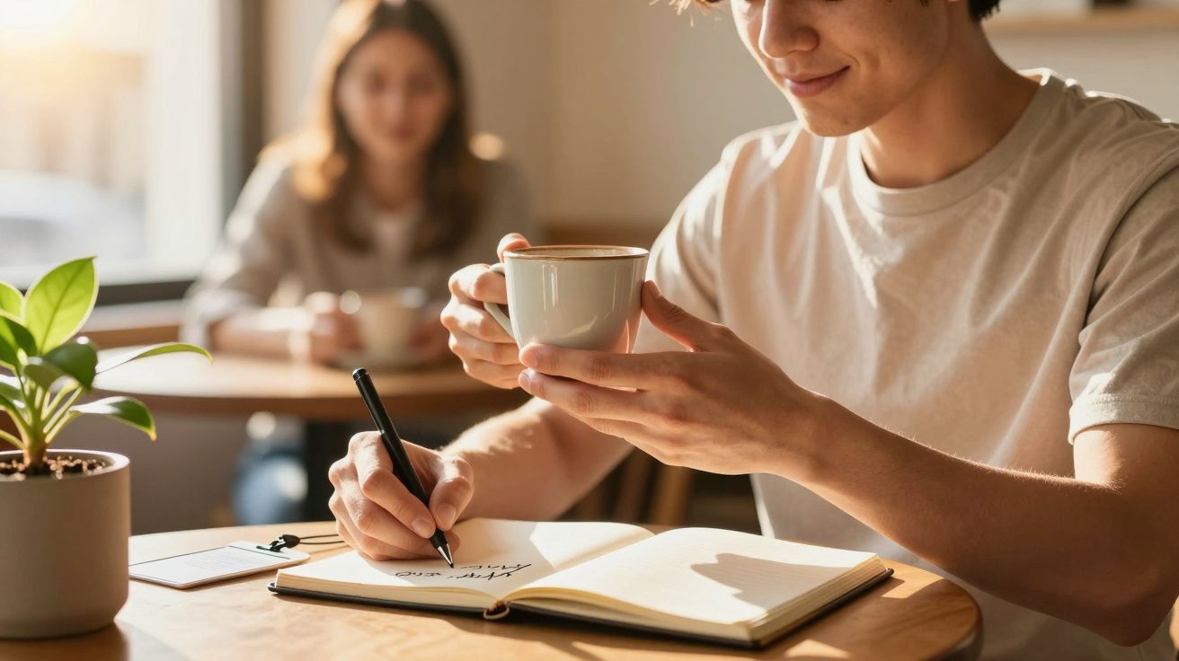 Tânăr scriind într-un caiet și ținând o cană cu cafea la o masă de cafenea, în lumina soarelui.