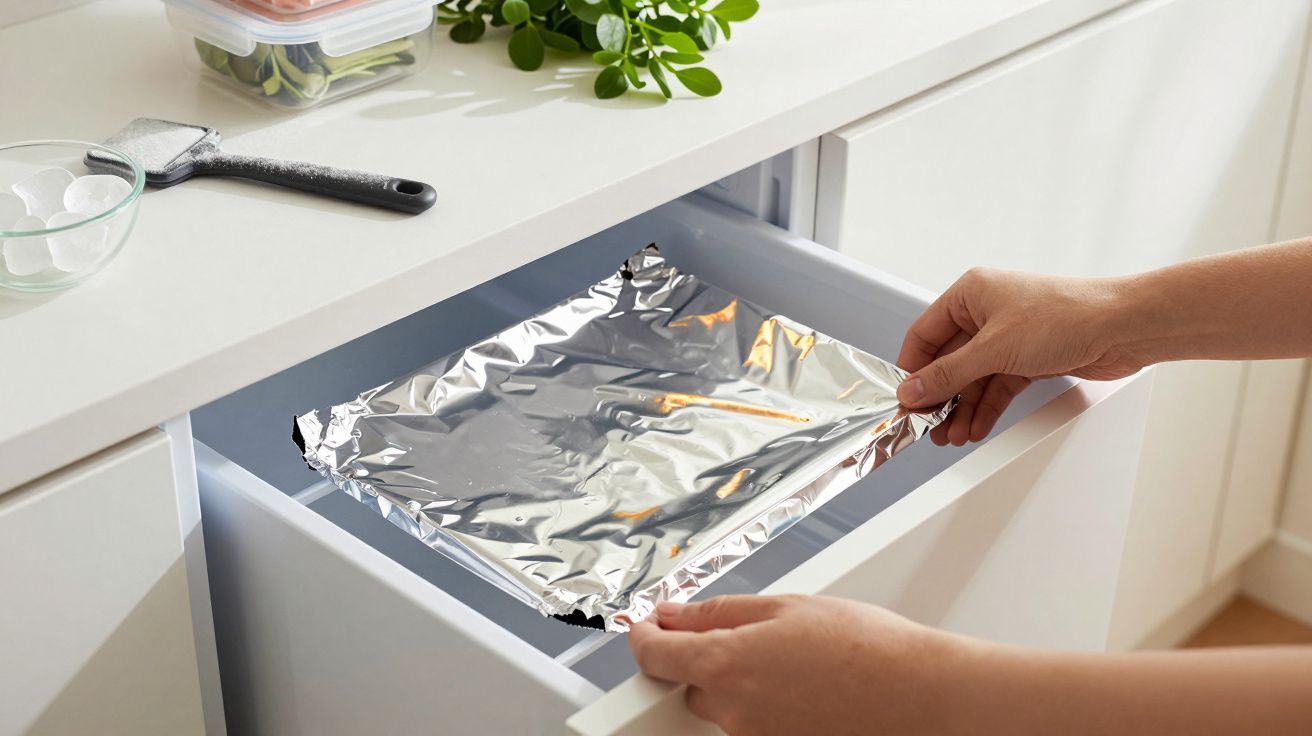 Mâini care pun folie de aluminiu într-un sertar dintr-o bucătărie luminoasă, cu plante și ustensile pe blat.