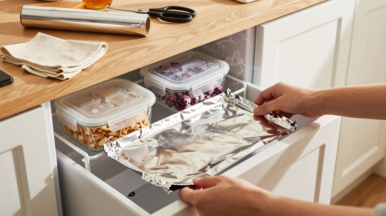Persoană pune folie de aluminiu într-un sertar, lângă cutii transparente cu alimente în bucătărie.