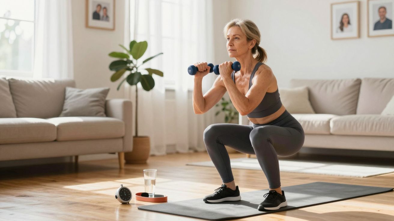 Femeie matură făcând genuflexiuni cu gantere în sufragerie, pe un covor de yoga, lângă canapele și plante verzi.