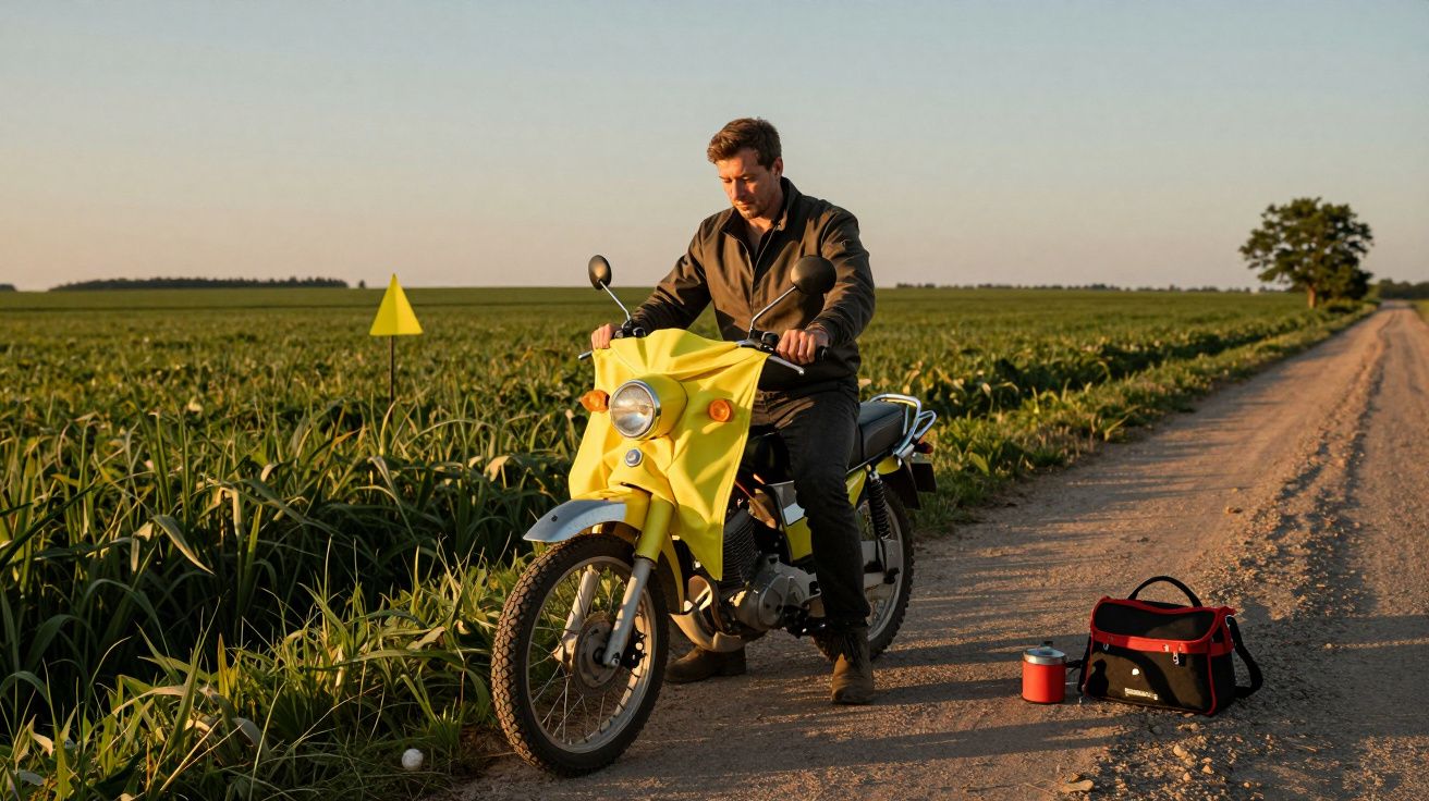 Bărbat lângă motocicletă galbenă pe un drum de țară, cu câmp de porumb în fundal și geantă neagră pe jos.