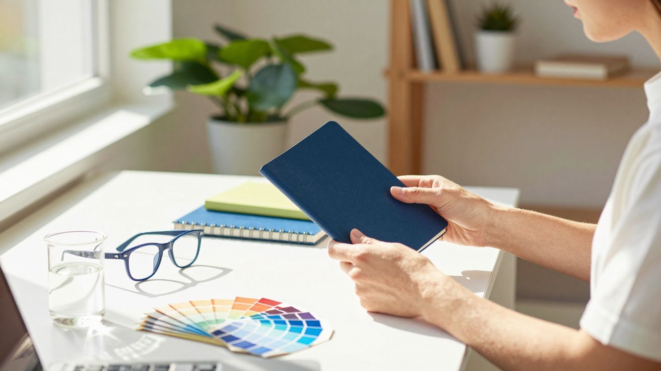 Persoană ținând un carnet albastru la un birou, lângă ochelari, un pahar cu apă și un set de mostre de culori.