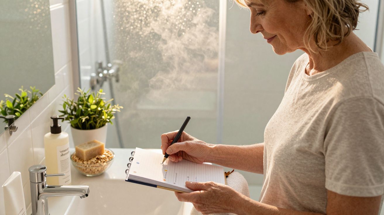 Femeie în vârstă scriind într-un caiet în baie, decor cu plante și săpun lângă chiuvetă.