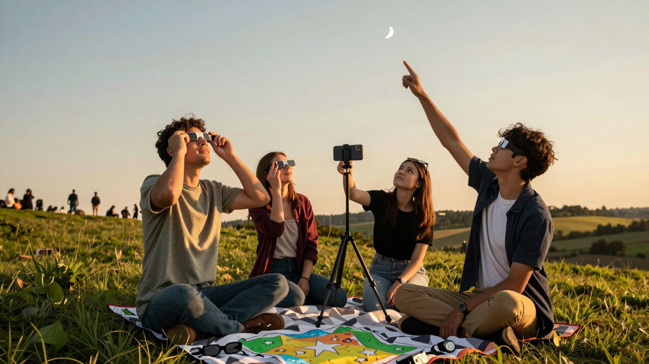 Patru tineri pe un deal, privind cerul prin ochelari speciali, lângă un trepied, în lumina apusului.