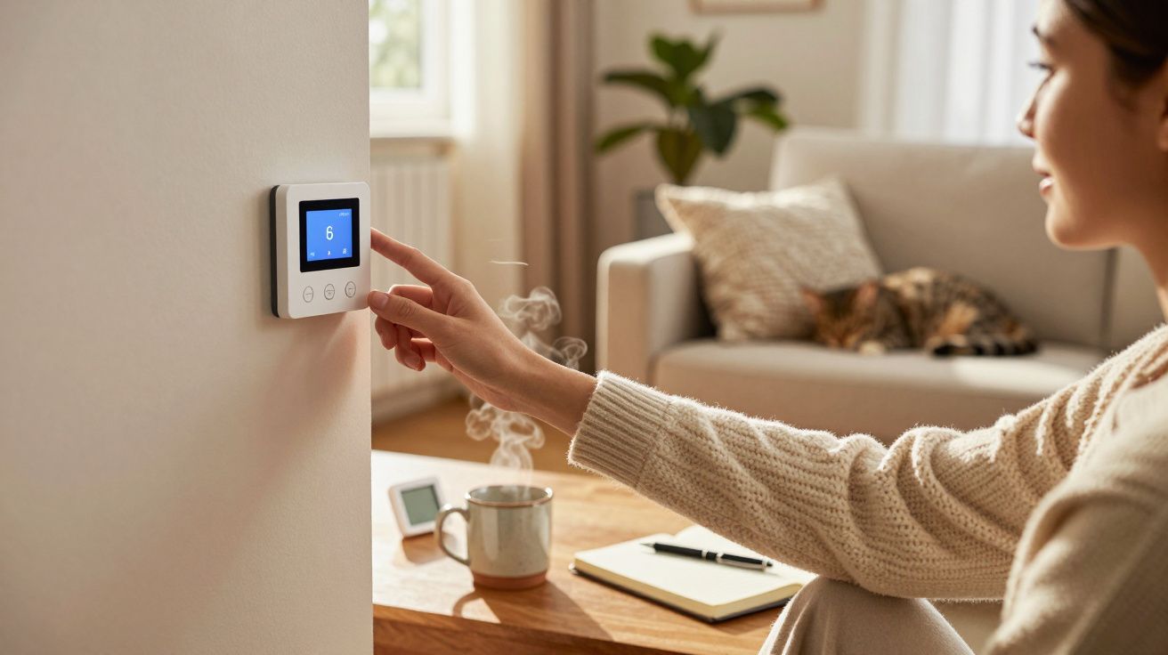 Femeie reglează temperatura pe termostat digital într-un living confortabil.