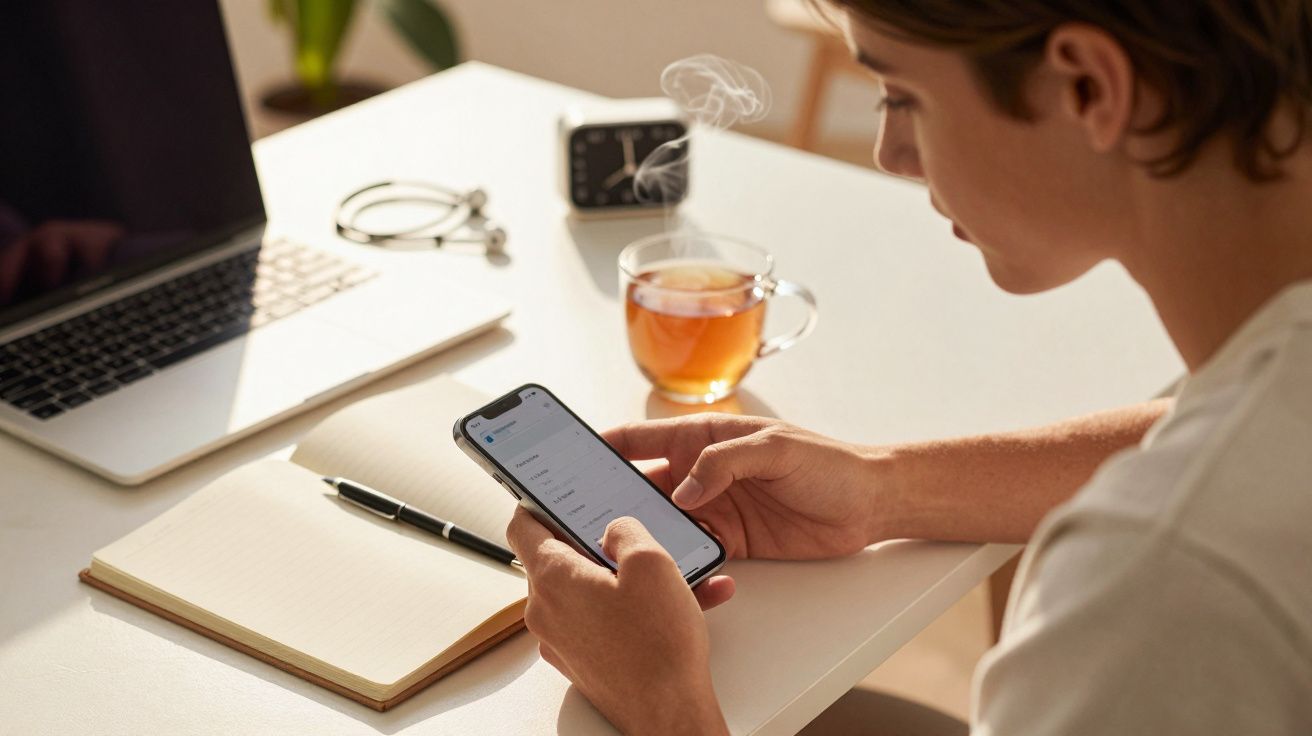 Persoană utilizând un smartphone la birou, cu laptop, ceai și caiet deschis.