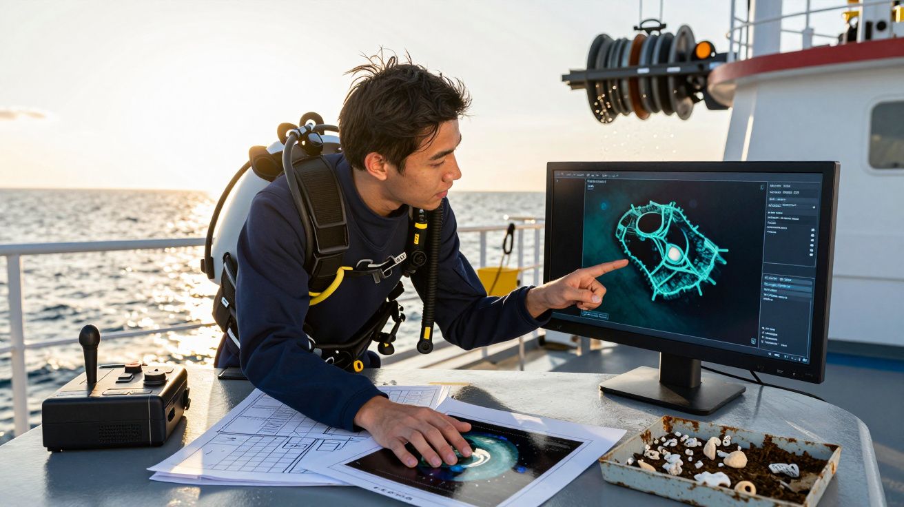 Scafandru analizând date pe un ecran, aflându-se pe un vas pe mare la apus.