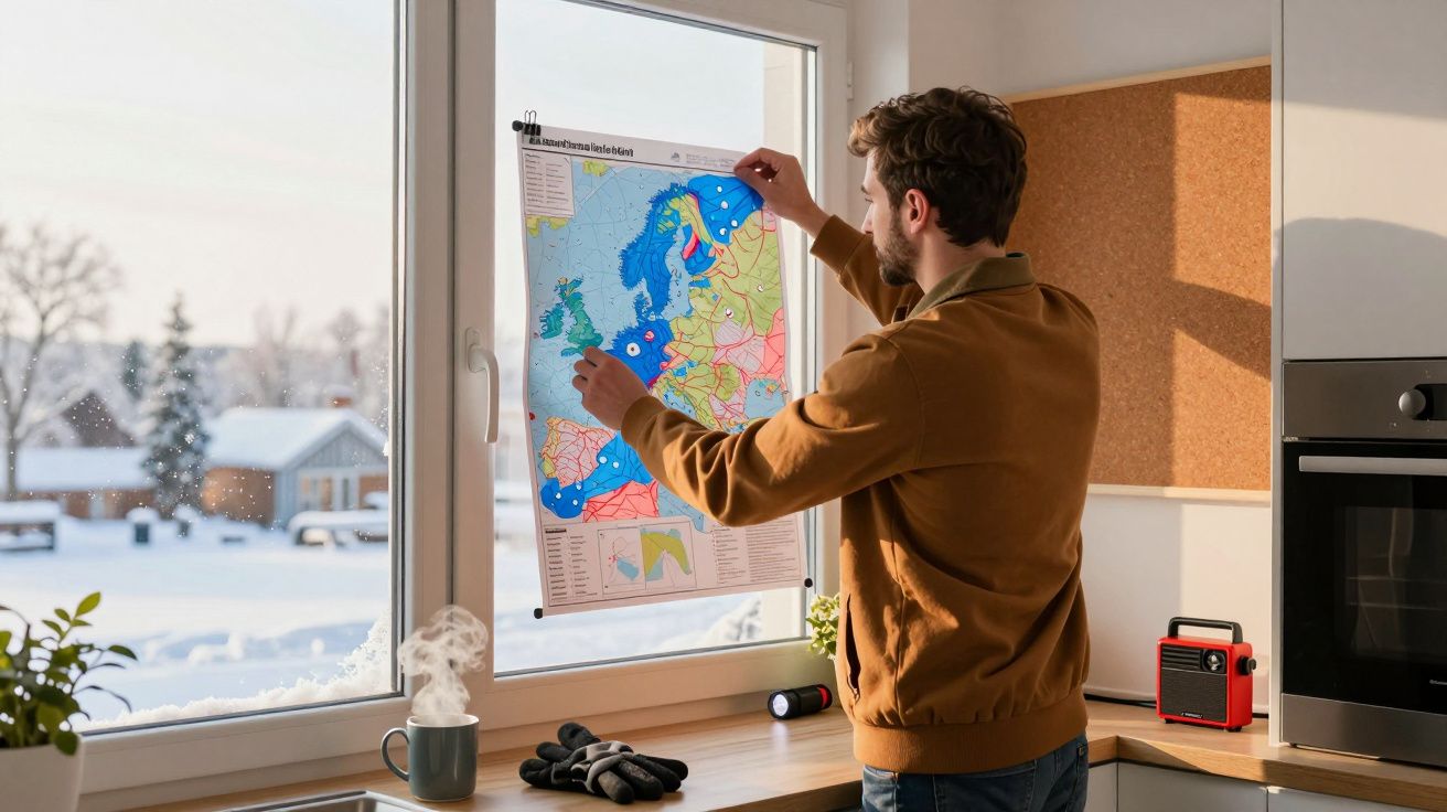Bărbat în bucătărie, atașând o hartă a Europei pe fereastră, cu peisaj de iarnă în fundal.