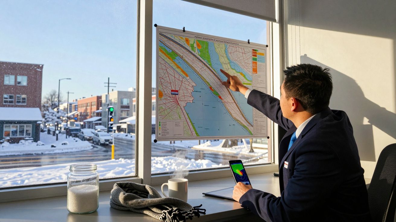 Bărbat în costum arătând spre o hartă pe fereastră, ținând un telefon; afară este peisaj de iarnă cu zăpadă.