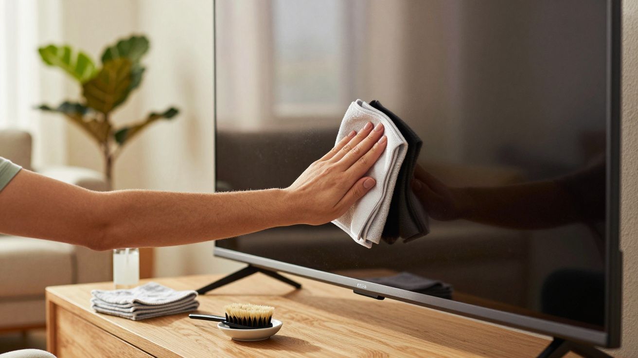 Mână șterge un ecran de televizor cu o cârpă, pe o măsuță din lemn cu perie și cârpă de rezervă.