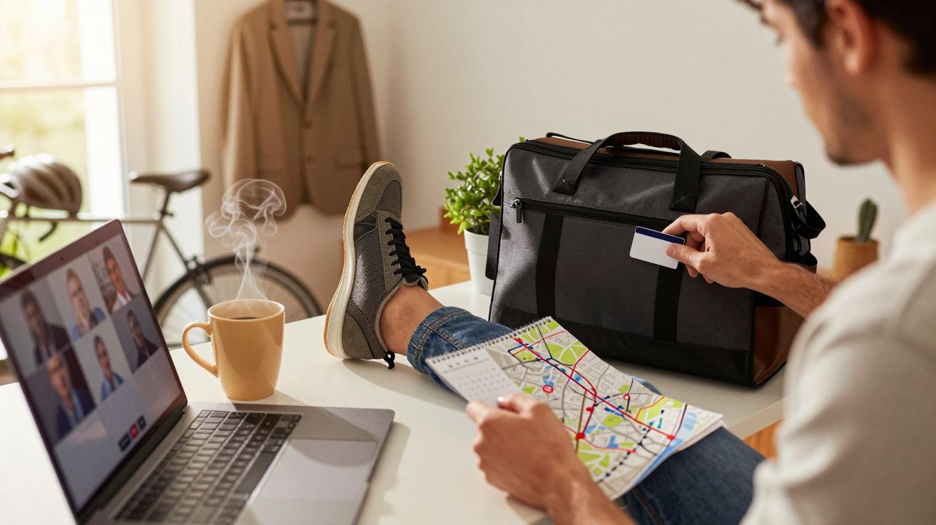 Bărbat relaxat, privind laptopul cu conferință online, ținând o hartă, alături de o ceașcă de cafea și o geantă.