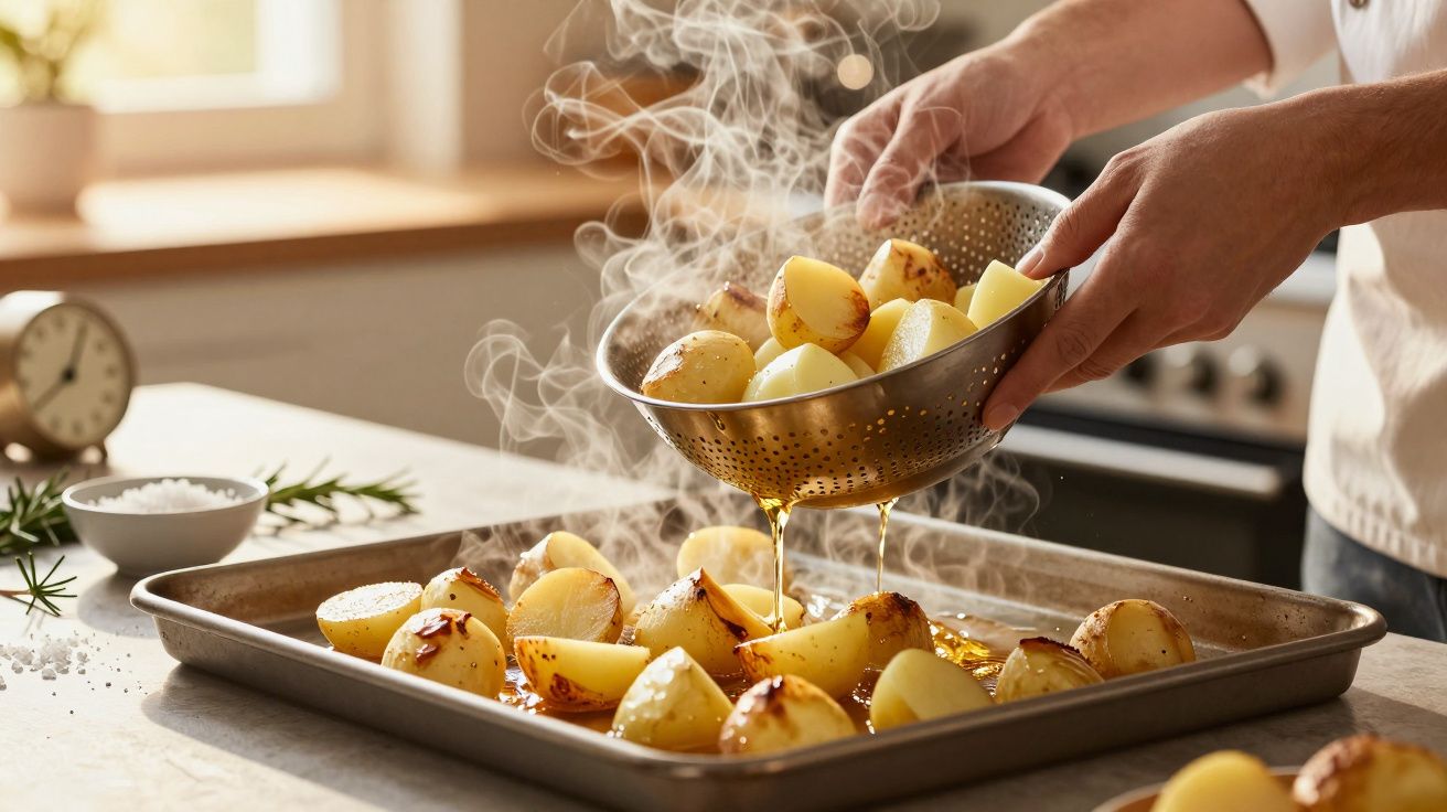 Cartofi fierbinți, aburi, sunt scurși cu o sită de metal într-o tavă pentru a fi pregătiți pentru gătit în cuptor.