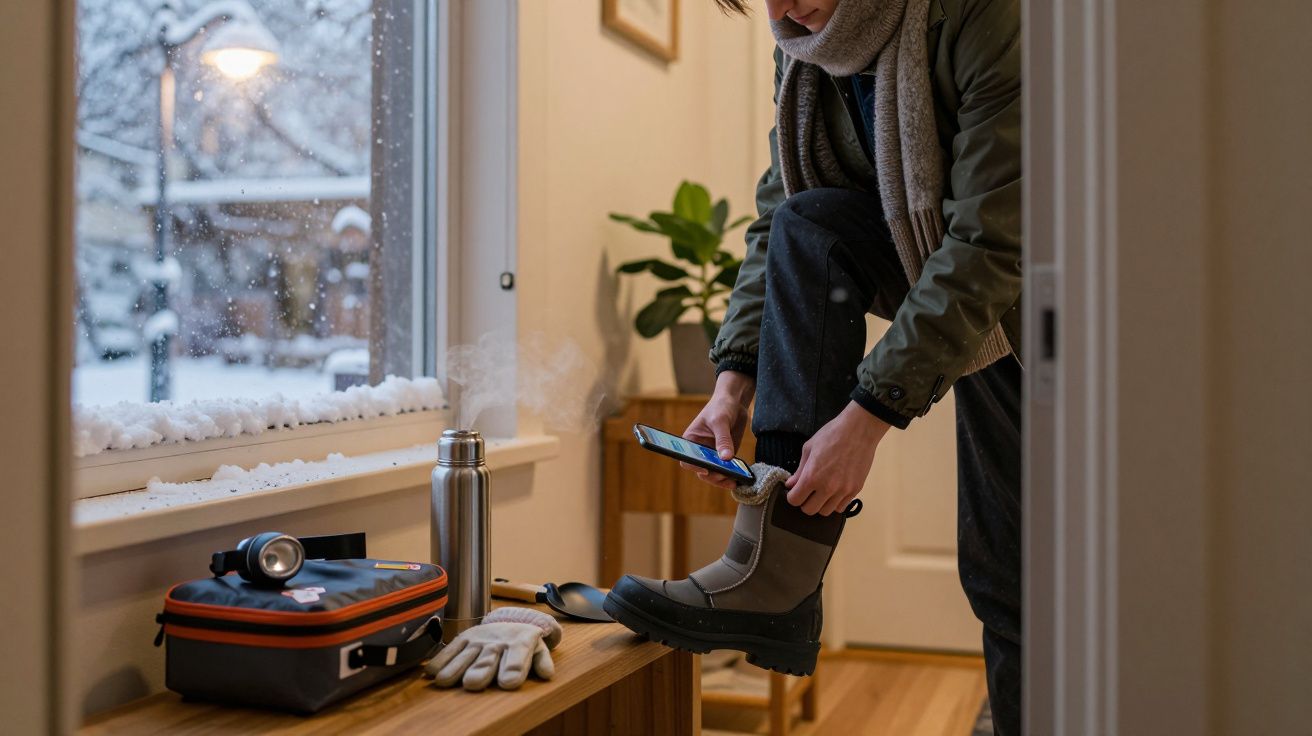 Persoană în apartament, punându-și cizmele de iarnă, cu zăpadă afară și echipament de iarnă pe bancă.