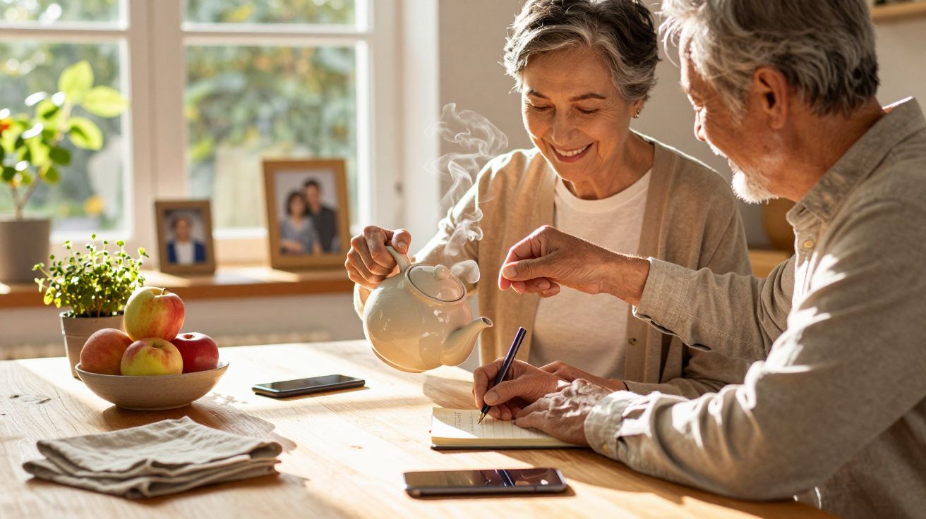 Un cuplu de vârstnici stă la o masă, turnând ceai și scriind într-un carnet lângă o fereastră însorită.