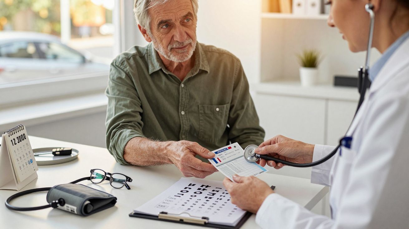 Doctor oferind o prescripție unui pacient vârstnic într-un cabinet medical.